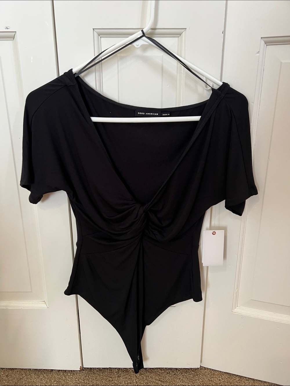 Good American Black Twist-Knot Short Sleeve Bodysuit